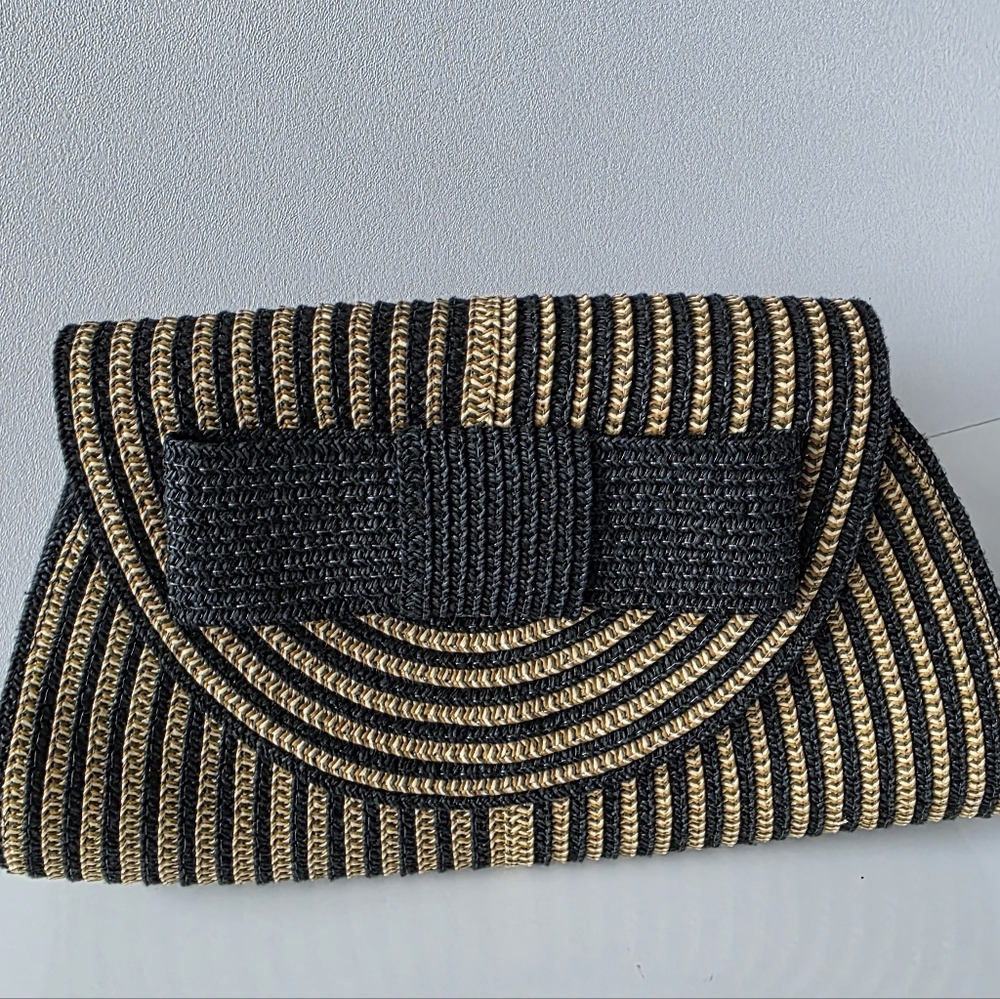 Vintage Black Tan Olive Woven Clutch Crossbody Straw Resort Bag - Picture 7 of 8